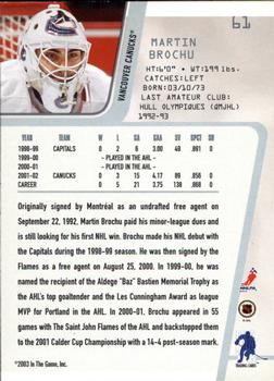 2002-03 Be a Player Between the Pipes #61 Martin Brochu Back