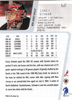 2002-03 Be a Player Between the Pipes #62 Corey Schwab Back