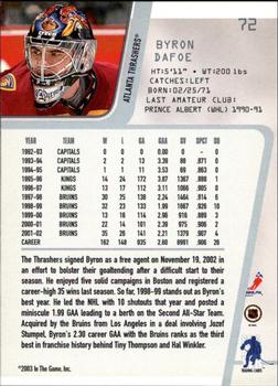 2002-03 Be a Player Between the Pipes #72 Byron Dafoe Back