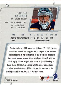 2002-03 Be a Player Between the Pipes #75 Curtis Sanford Back