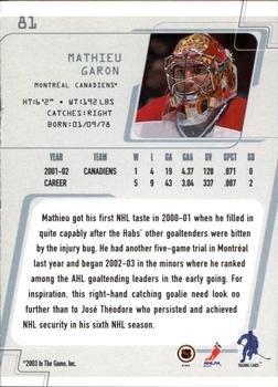 2002-03 Be a Player Between the Pipes #81 Mathieu Garon Back