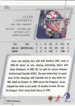 2002-03 Be a Player Between the Pipes #86 Jason LaBarbera Back