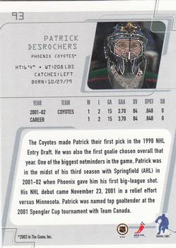2002-03 Be a Player Between the Pipes #93 Patrick DesRochers Back