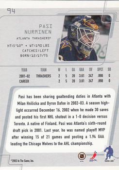 2002-03 Be a Player Between the Pipes #94 Pasi Nurminen Back
