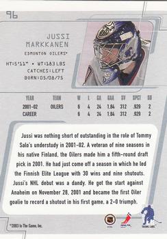 2002-03 Be a Player Between the Pipes #96 Jussi Markkanen Back