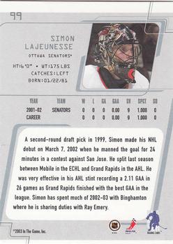 2002-03 Be a Player Between the Pipes #99 Simon Lajeunesse Back