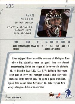 2002-03 Be a Player Between the Pipes #105 Ryan Miller Back
