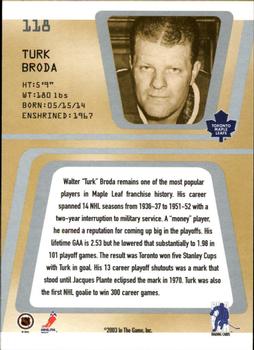 2002-03 Be a Player Between the Pipes #118 Turk Broda Back