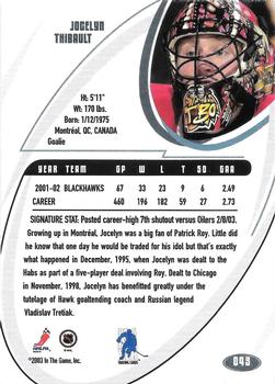 2002-03 Be a Player Signature Series #043 Jocelyn Thibault Back