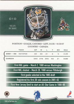 2002-03 Be a Player First Edition #010 Sean Burke Back