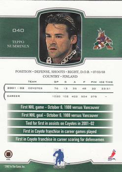 2002-03 Be a Player First Edition #040 Teppo Numminen Back