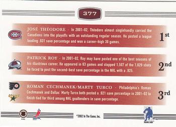 2002-03 Be a Player First Edition #377 Jose Theodore / Patrick Roy / Roman Cechmanek / Marty Turco Back