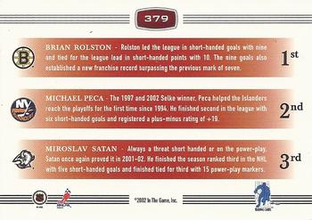 2002-03 Be a Player First Edition #379 Brian Rolston / Michael Peca / Miroslav Satan Back