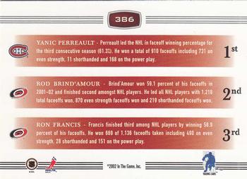 2002-03 Be a Player First Edition #386 Yanic Perreault / Rod Brind'Amour / Ron Francis Back
