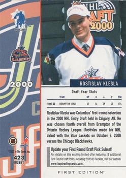 2002-03 Be a Player First Edition #423 Rostislav Klesla Back