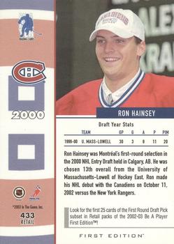 2002-03 Be a Player First Edition #433 Ron Hainsey Back