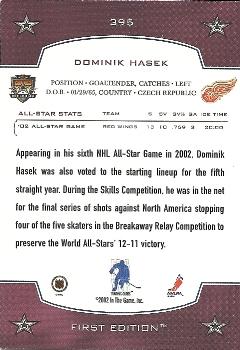 2002-03 Be a Player First Edition #395 Dominik Hasek Back