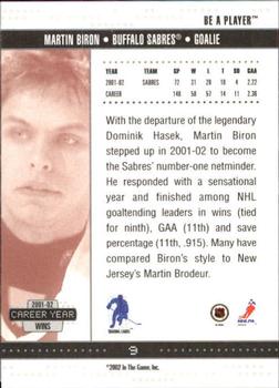 2002-03 Be a Player Memorabilia #9 Martin Biron Back