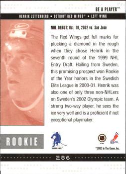 2002-03 Be a Player Memorabilia #286 Henrik Zetterberg Back