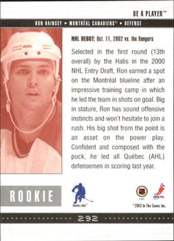 2002-03 Be a Player Memorabilia #292 Ron Hainsey Back