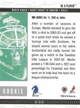 2002-03 Be a Player Memorabilia #293 Martin Gerber Back