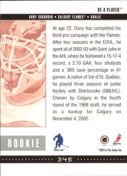 2002-03 Be a Player Memorabilia #345 Dany Sabourin Back