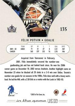 2002-03 In The Game Used #135 Felix Potvin Back