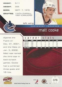 2002-03 Pacific #376 Matt Cooke Back