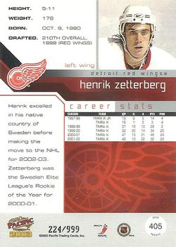 2002-03 Pacific #405 Henrik Zetterberg Back