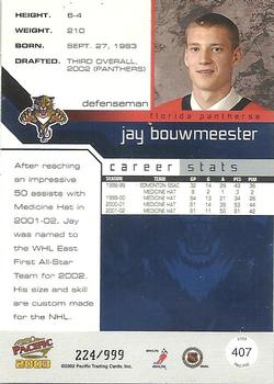 2002-03 Pacific #407 Jay Bouwmeester Back