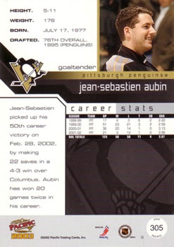 2002-03 Pacific #305 Jean-Sebastien Aubin Back