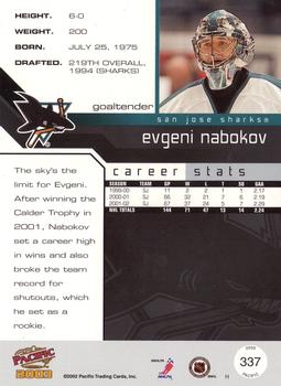 2002-03 Pacific #337 Evgeni Nabokov Back
