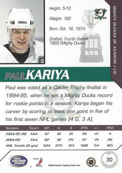 2002-03 Pacific Calder #30 Paul Kariya Back