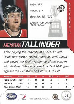 2002-03 Pacific Calder #59 Henrik Tallinder Back