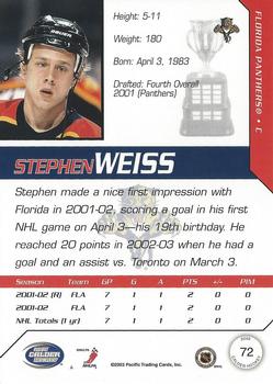 2002-03 Pacific Calder #72 Stephen Weiss Back