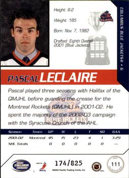 2002-03 Pacific Calder #111 Pascal Leclaire Back
