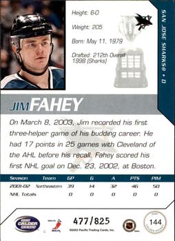 2002-03 Pacific Calder #144 Jim Fahey Back