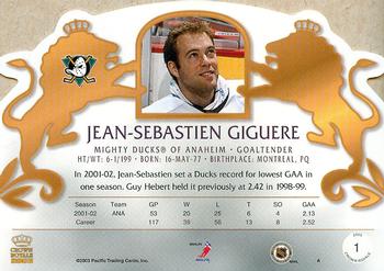 2002-03 Pacific Crown Royale #1 Jean-Sebastien Giguere Back