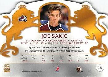 2002-03 Pacific Crown Royale #26 Joe Sakic Back
