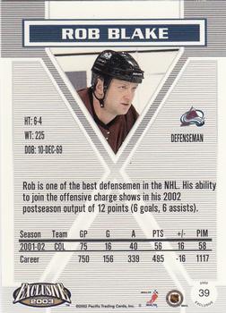 2002-03 Pacific Exclusive #39 Rob Blake Back