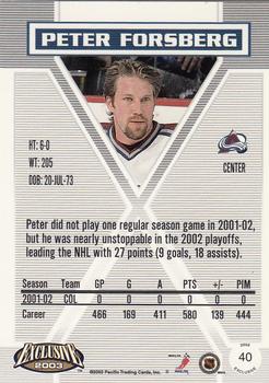 2002-03 Pacific Exclusive #40 Peter Forsberg Back