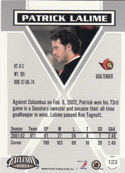 2002-03 Pacific Exclusive #123 Patrick Lalime Back