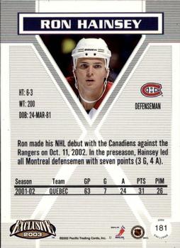 2002-03 Pacific Exclusive #181 Ron Hainsey Back