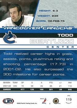 2002-03 Pacific Heads Up #119 Todd Bertuzzi Back