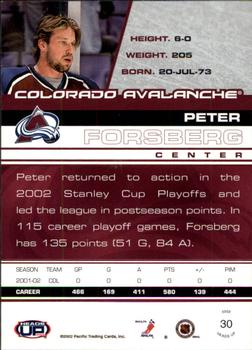 2002-03 Pacific Heads Up #30 Peter Forsberg Back