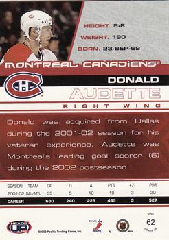 2002-03 Pacific Heads Up #62 Donald Audette Back