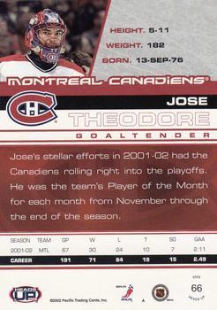 2002-03 Pacific Heads Up #66 Jose Theodore Back