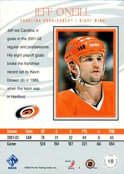 2002-03 Pacific Private Stock Reserve #18 Jeff O'Neill Back