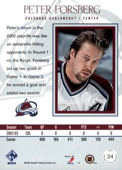 2002-03 Pacific Private Stock Reserve #24 Peter Forsberg Back