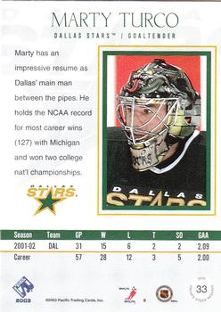 2002-03 Pacific Private Stock Reserve #33 Marty Turco Back